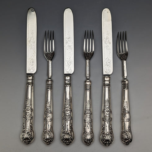 1862 British Antique Sterling Silver Dessert Cutlery 3 Pair Set Total 233g Martin & Hall Tray Included